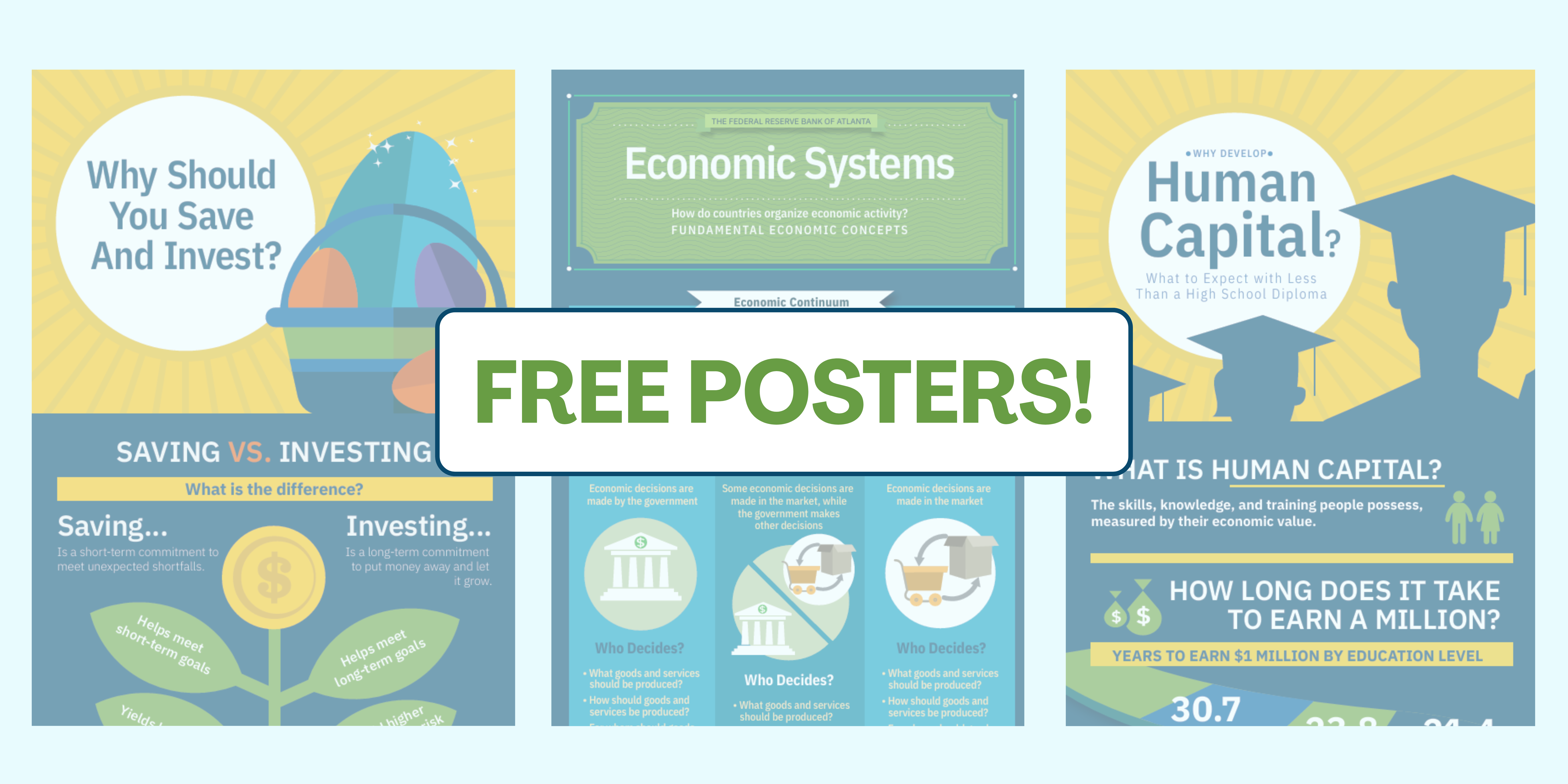 An image with three infographics from FRE with the caption "free posters!"