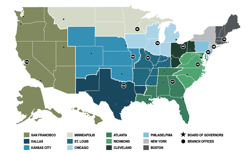 Map of the United States showing the 12 regional banks and their branch locations
