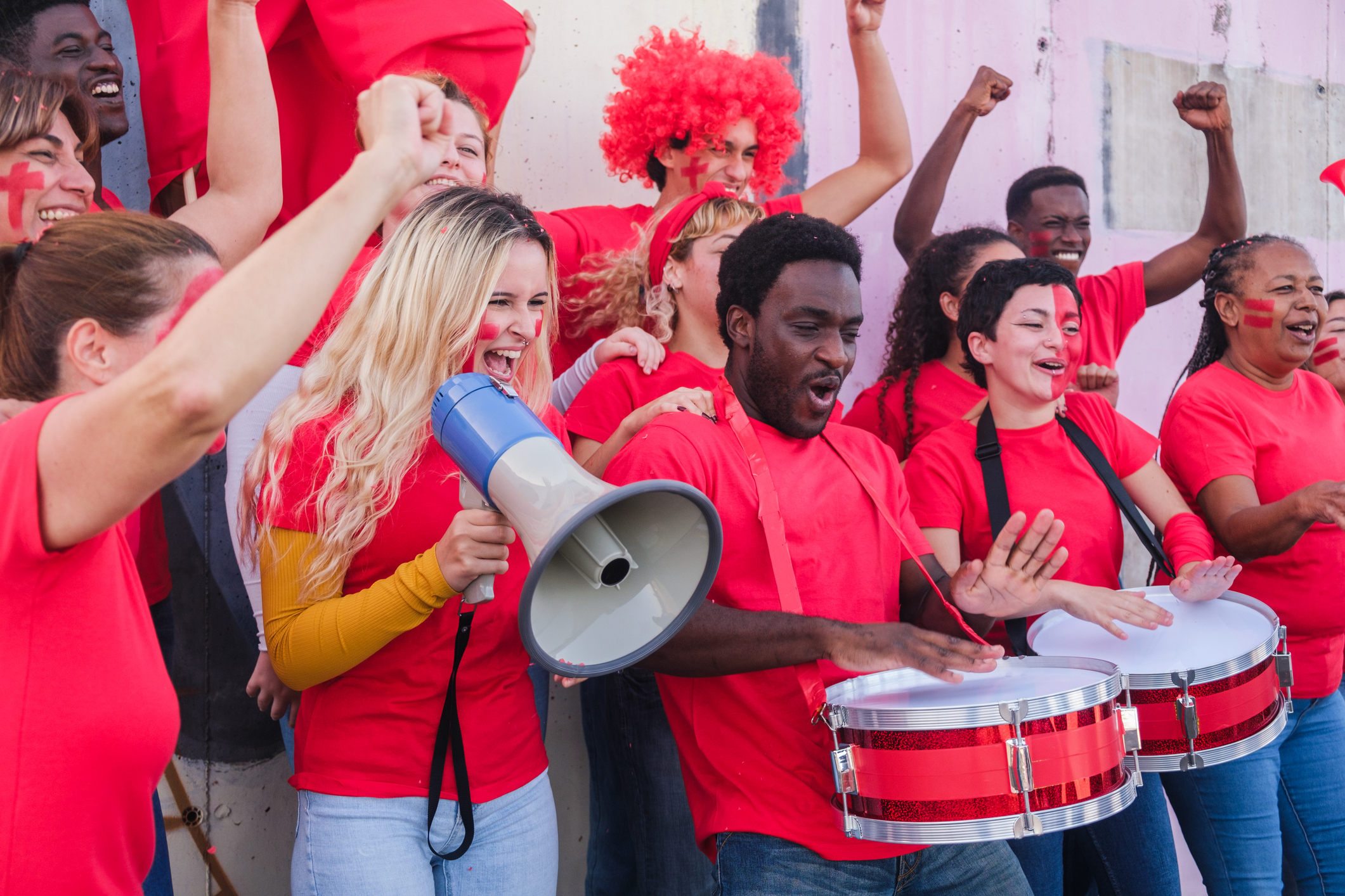 A crowd cheering