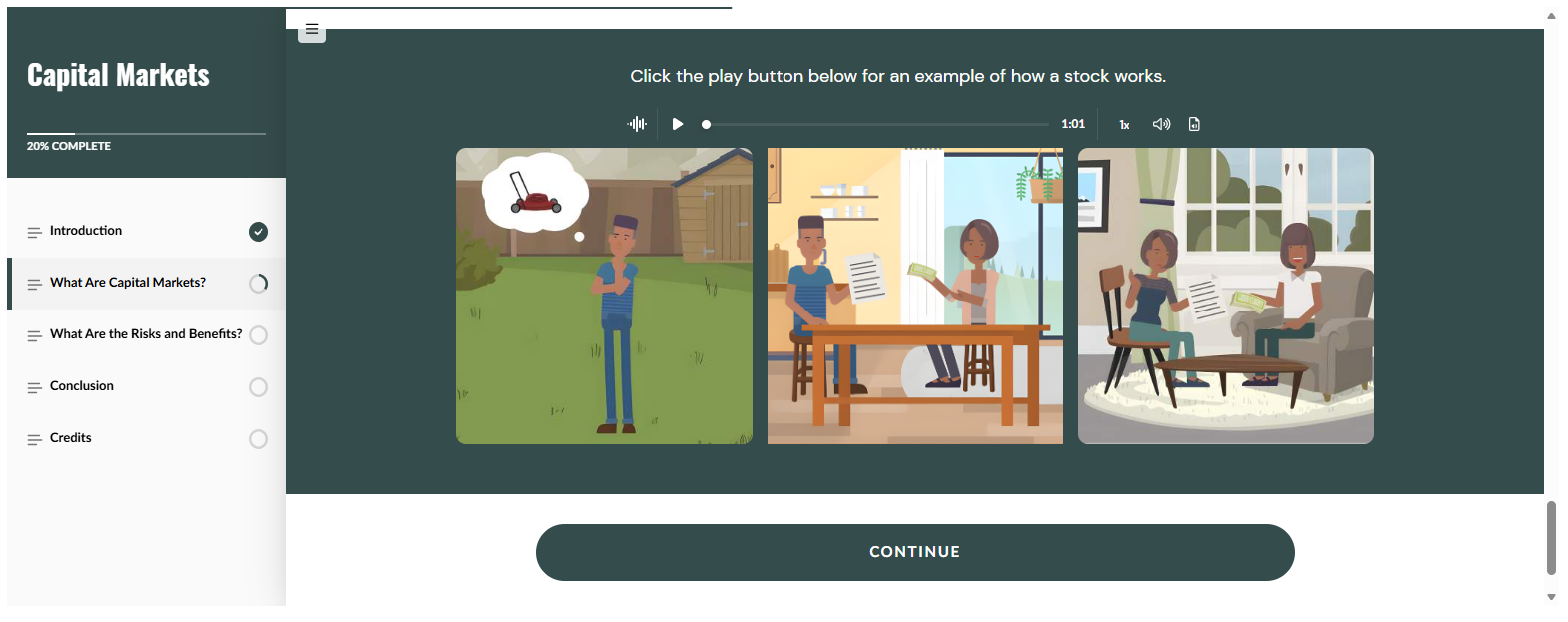 A screenshot from the capital markets module showing a video of how stocks work for both companies and investors.